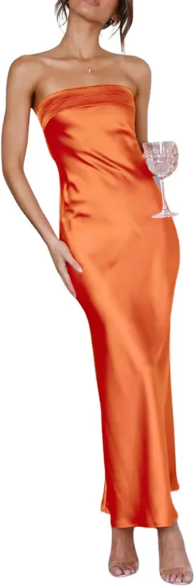 Women Summer Lightweight Satin Maxi Bodycon Dress Strapless Tube Backless Hollow Out Long Party Dress Women Summer Lightweight Satin Maxi Bodycon Dress Strapless Tube Backless Hollow Out Long Party Dress