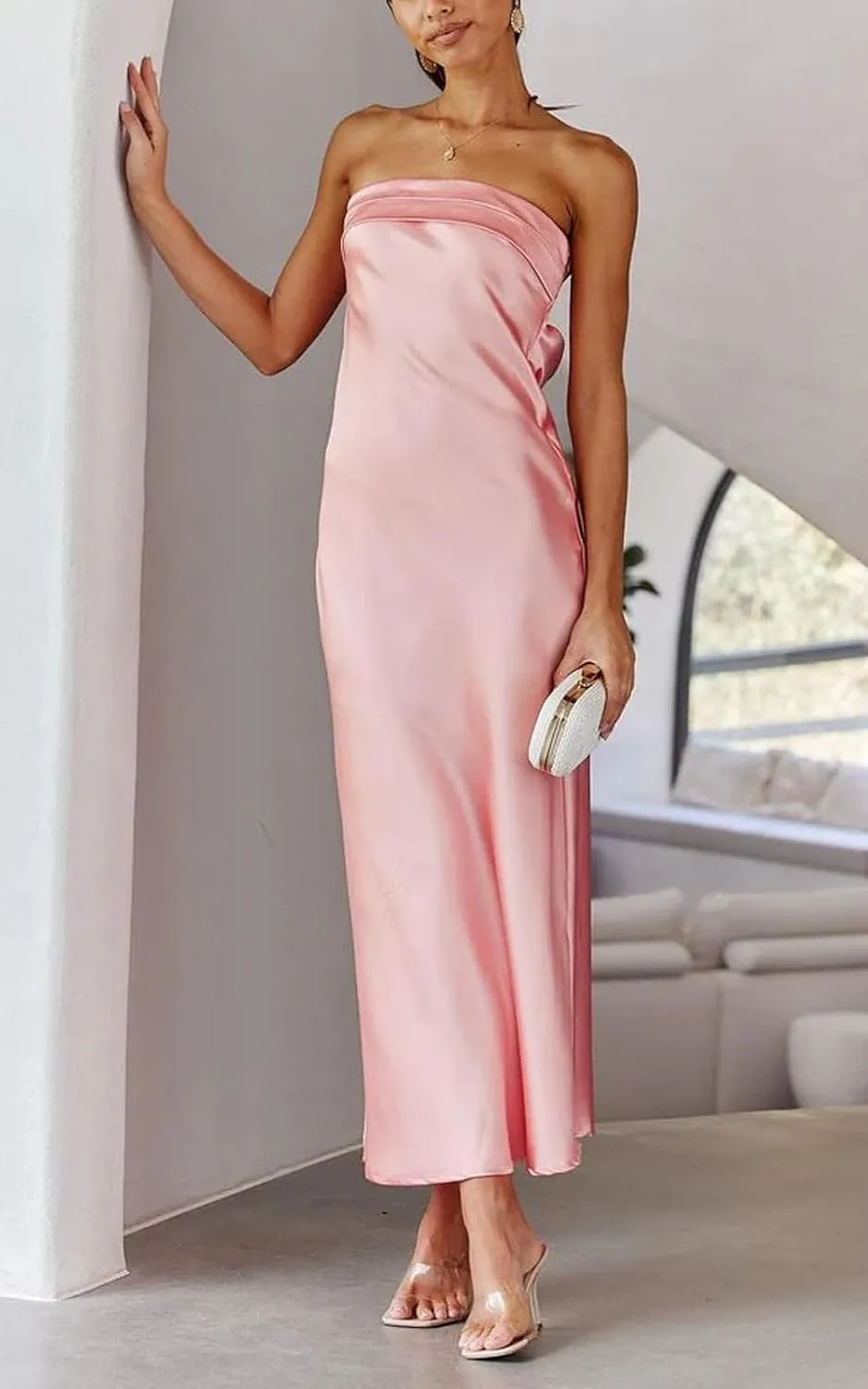 Women Summer Lightweight Satin Maxi Bodycon Dress Strapless Tube Backless Hollow Out Long Party Dress