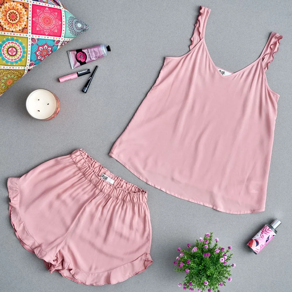 Women summer pajama set ruffles straps Cashmere shoulders ruffles top   ruffles shorts