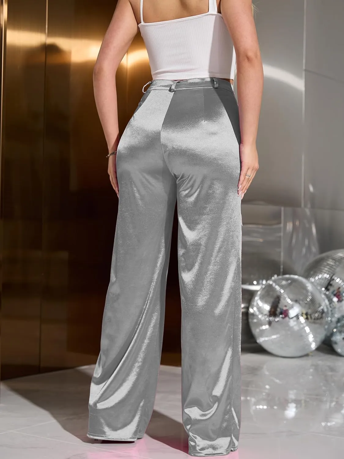 Womens High Waisted Satin Cargo Pants Loose Fit Wide Leg Trousers with Pockets Trendy Outfit
