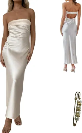 Women's Satin Tube Sexy Backless Formal Wedding Guest Evening Party Maxi Dresses Gala Dress
