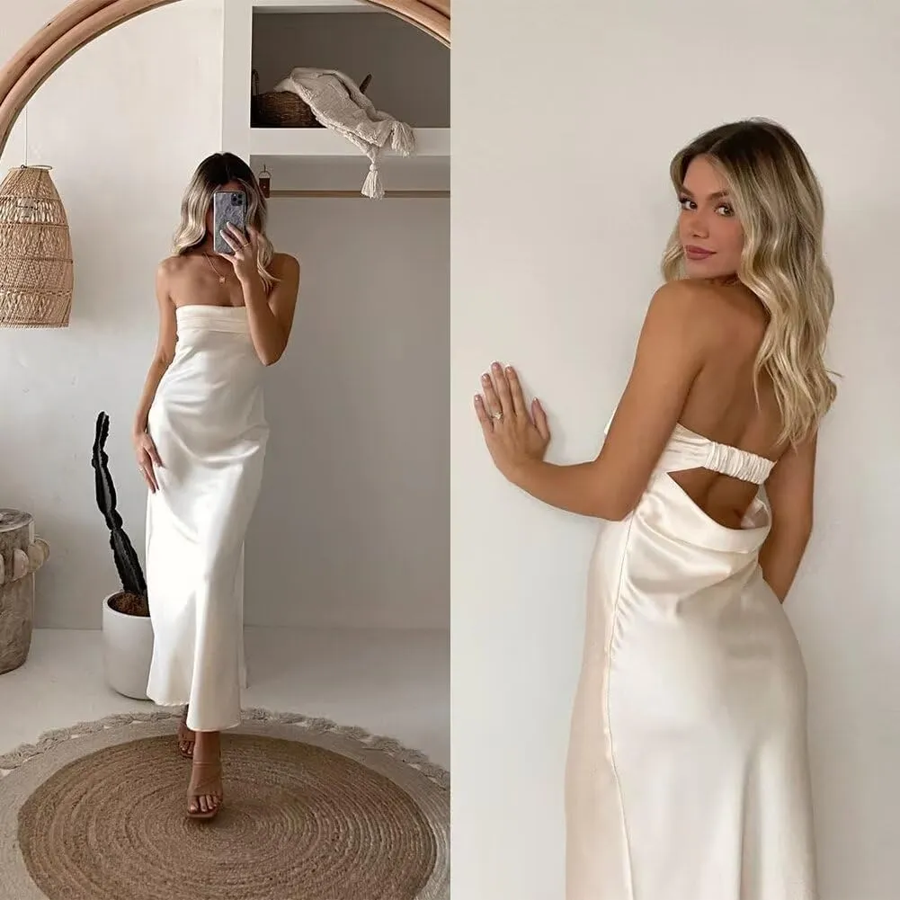 Women's Satin Tube Sexy Backless Formal Wedding Guest Evening Party Maxi Dresses Gala Dress