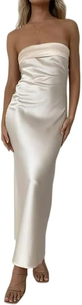 Women's Satin Tube Sexy Backless Formal Wedding Guest Evening Party Maxi Dresses Gala Dress
