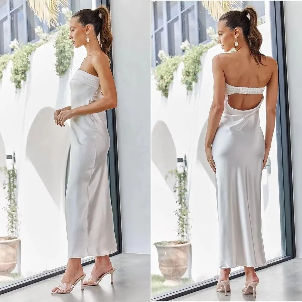 Women's Satin Tube Sexy Backless Formal Wedding Guest Evening Party Maxi Dresses Gala Dress