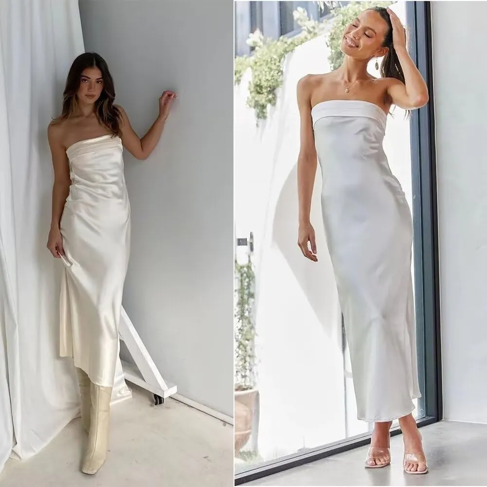 Women's Satin Tube Sexy Backless Formal Wedding Guest Evening Party Maxi Dresses Gala Dress