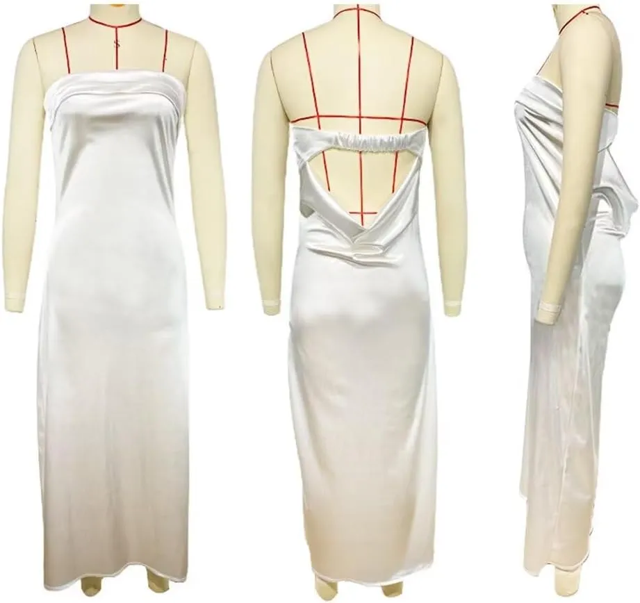 Women's Satin Tube Sexy Backless Formal Wedding Guest Evening Party Maxi Dresses Gala Dress