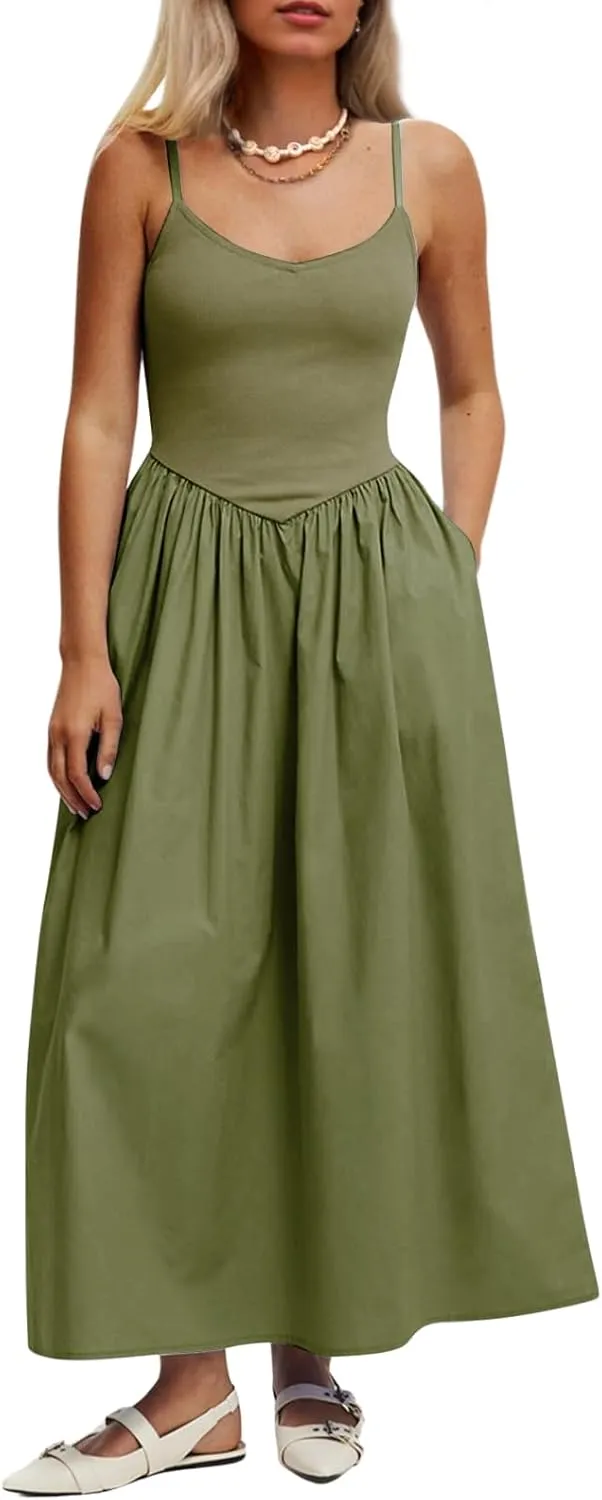 Womens Sleeveless V-Neck Maxi Dress with Pockets  Slim Fit Casual Summer Spaghetti Strap Dress for Vacation