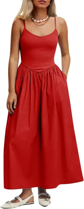 Womens Sleeveless V-Neck Maxi Dress with Pockets  Slim Fit Casual Summer Spaghetti Strap Dress for Vacation